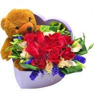 Elegant Romance One Dozen Red Roses with Teddy in Heart Box
